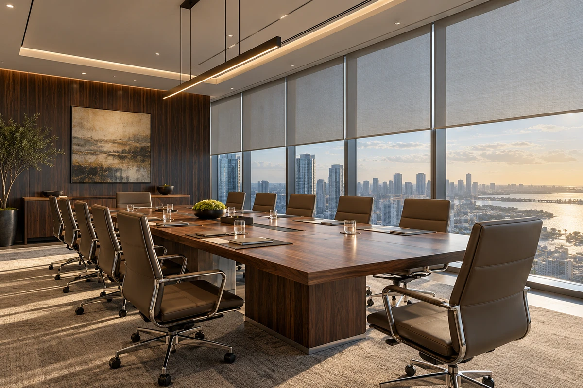 Roller blinds fitted across a contemporary corporate boardroom.