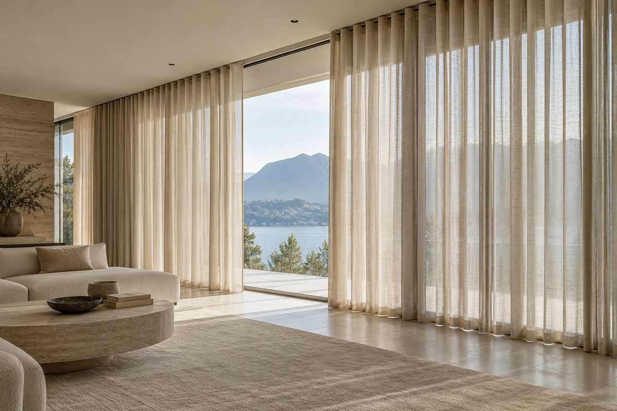 Layered curtains framing a tall arched residential window.