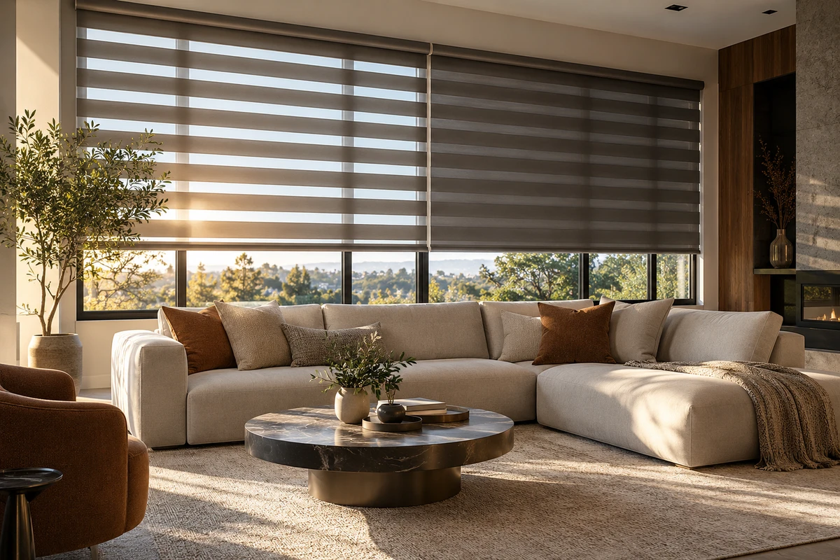 Day and night blinds above a contemporary living-room sofa.