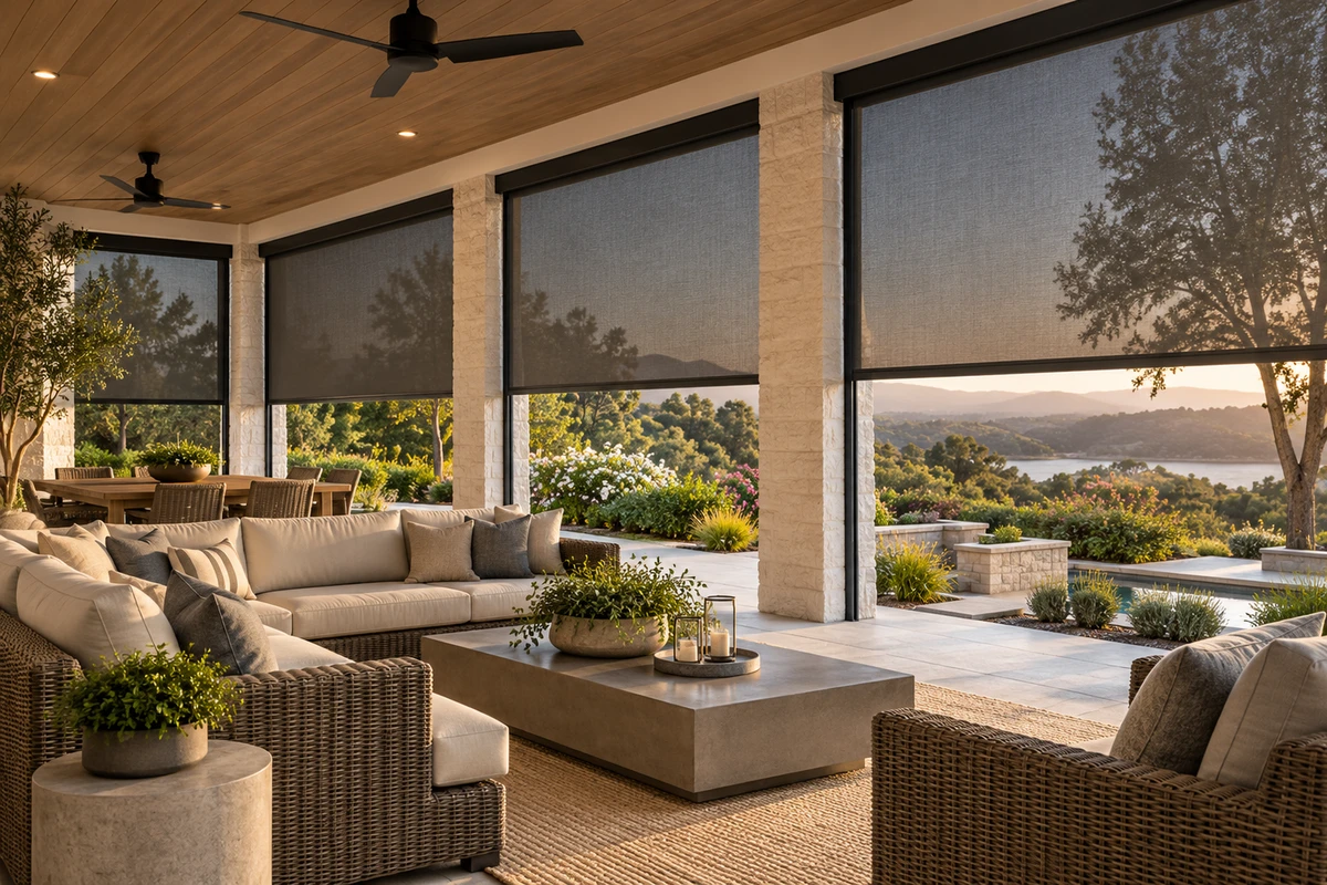 Dark exterior blinds installed across a glazed terrace facade.